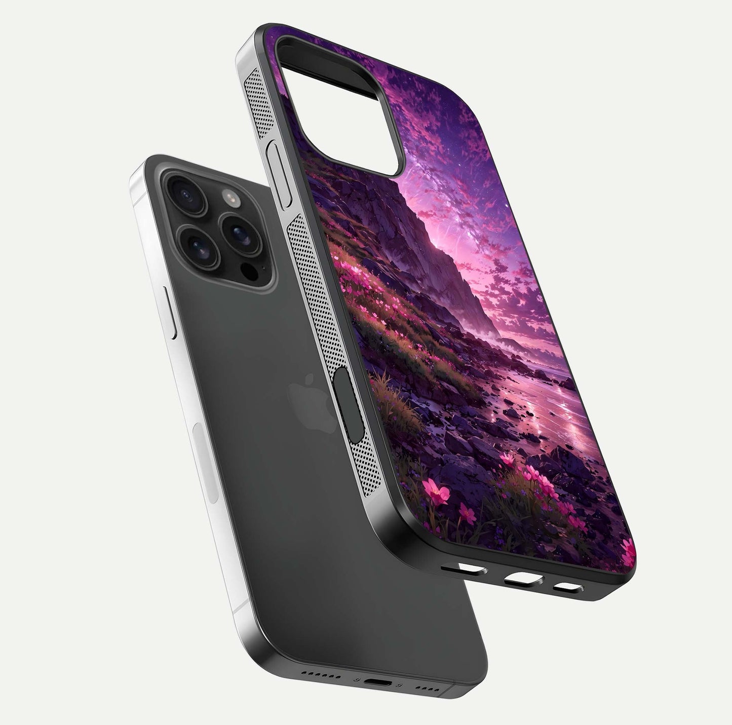 Twilight Blossom Coast Glass Case for iPhone 16 Pro Max floating dual-view mockup displaying gloss surface and detail