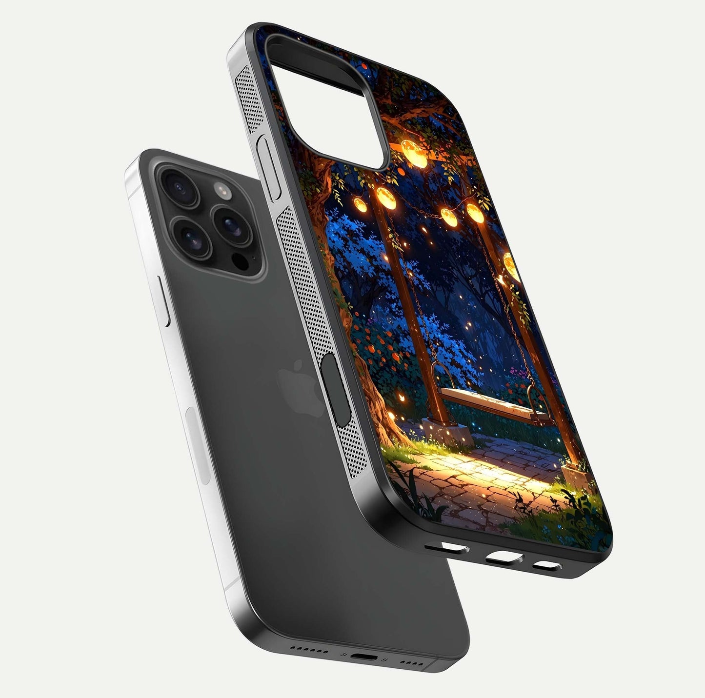 Twilight Garden Swing Glass Case for iPhone 16 Pro Max floating dual-view mockup displaying gloss and tone balance
