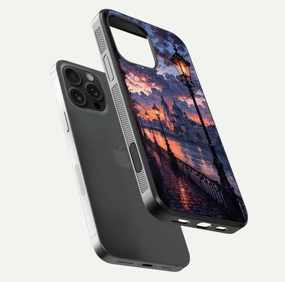 Twilight River Lights Glass Case for iPhone 16 Pro Max floating dual-view mockup displaying gloss shine and vivid details