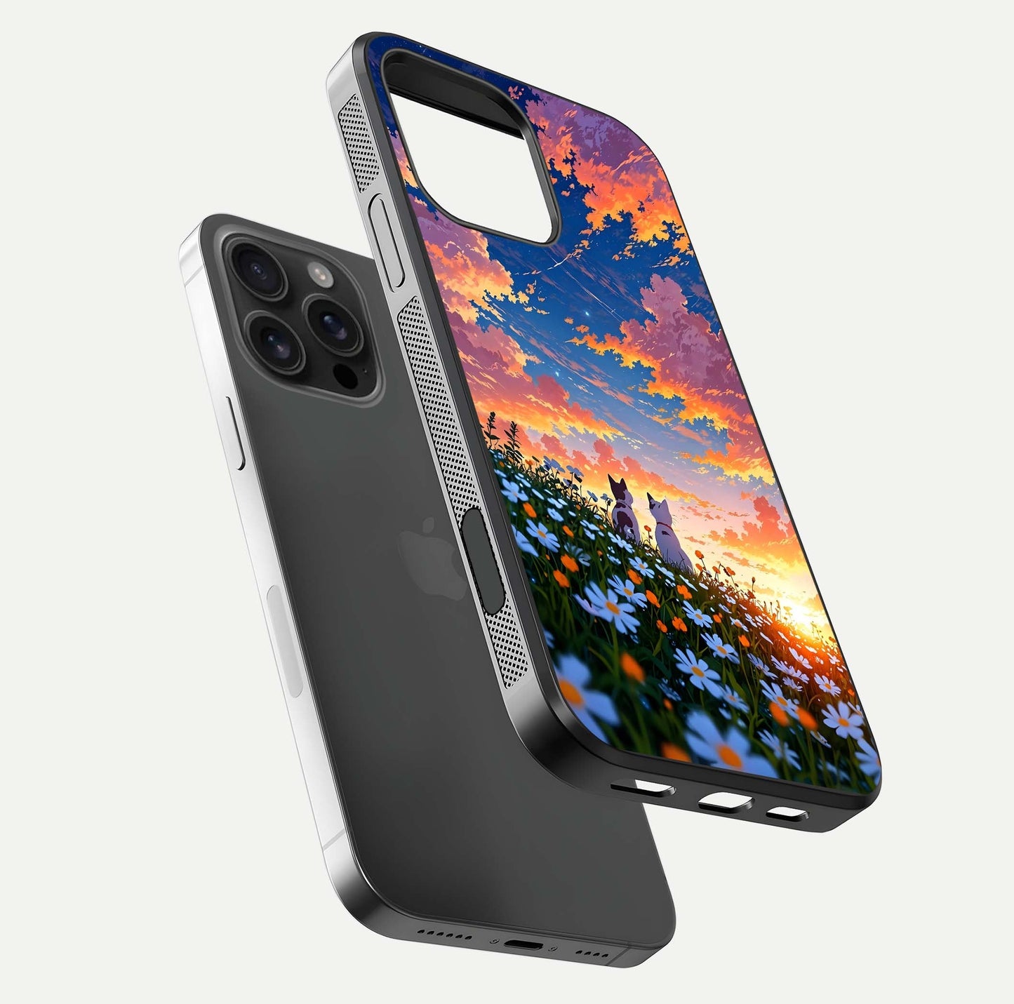 Two Cats Friends Glass Case for iPhone 16 Pro Max floating dual-view mockup displaying gloss surface and HD print