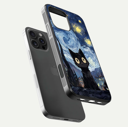 Van Gogh Cat Glass Case for iPhone 16 Pro Max floating dual-view mockup displaying gloss shine and artistic texture