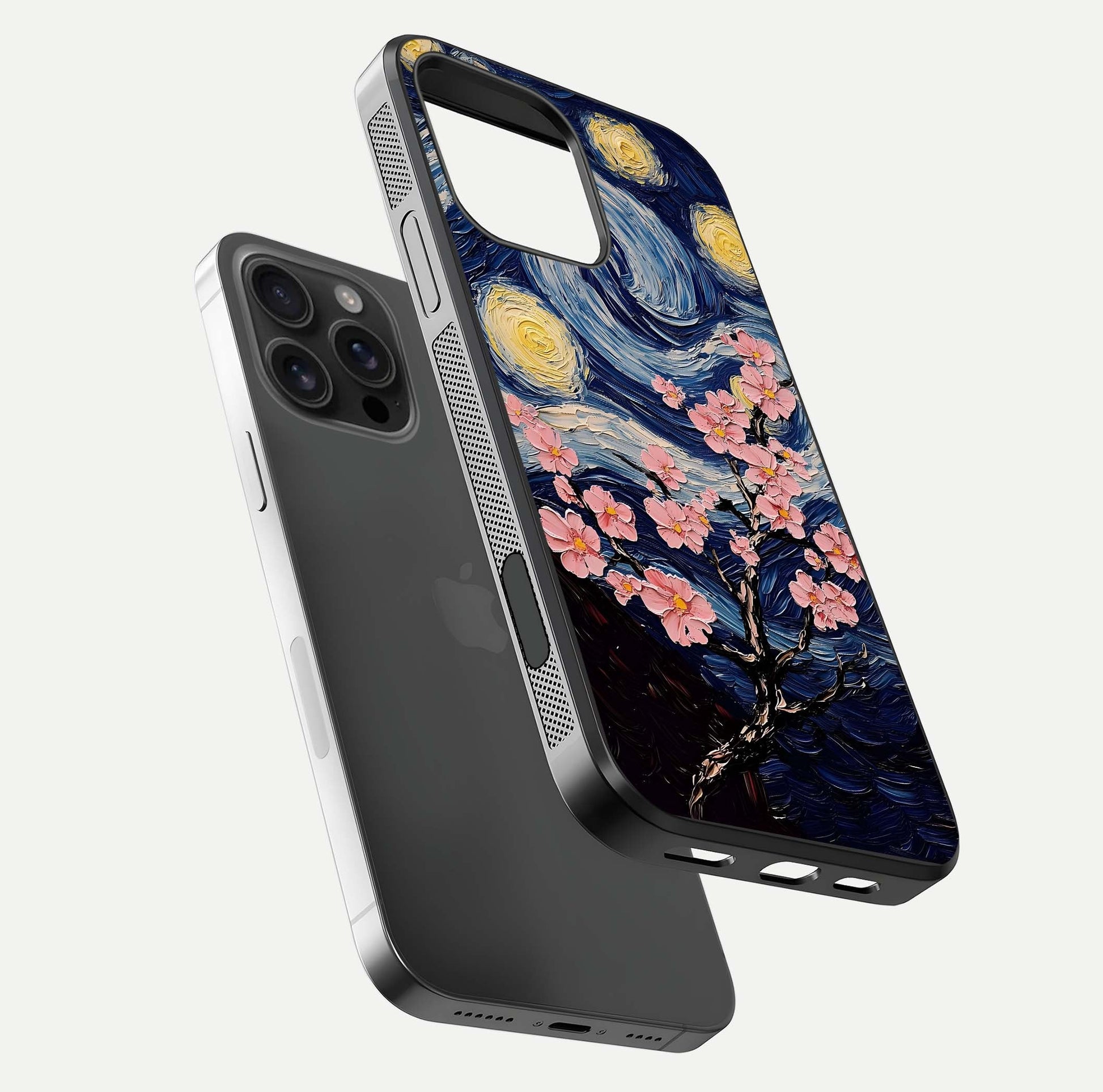Van Gogh Scenery Glass Case for iPhone 16 Pro Max floating dual-view mockup displaying gloss reflection and HD quality