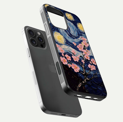 Van Gogh Scenery Glass Case for iPhone 16 Pro Max floating dual-view mockup displaying gloss reflection and HD quality