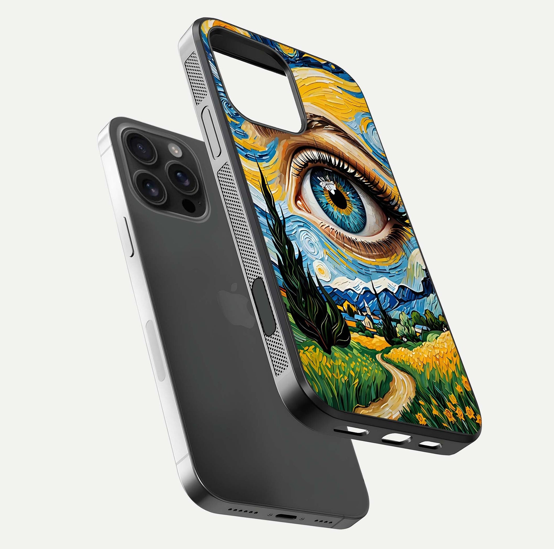 Van Gogh Eye Glass Case for iPhone 16 Pro Max floating dual-view mockup displaying gloss texture and depth