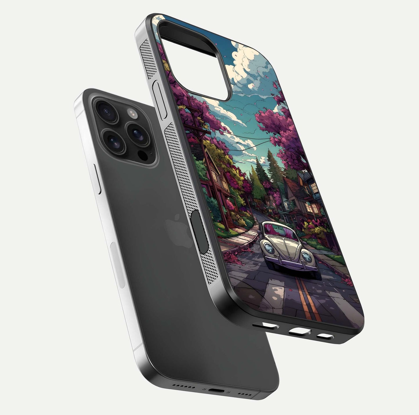 Vintage Street Drive Glass Case for iPhone 16 Pro Max floating dual-view mockup displaying gloss shine and texture