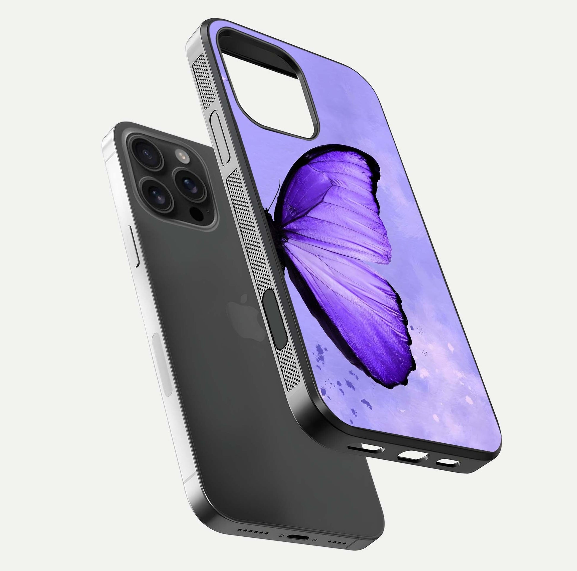 Violet Dream Wing Glass Case for iPhone 16 Pro Max floating dual-view mockup displaying gloss depth and clarity