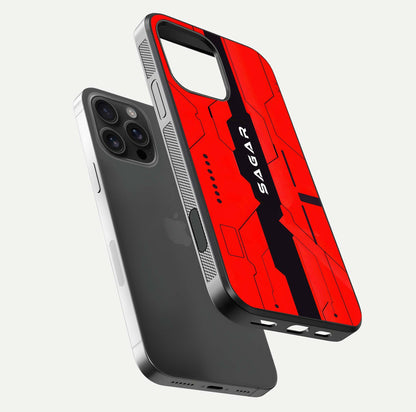 Voltage Rise CYBERPUNK Custom Name Glass Case for iPhone 16 Pro Max floating dual-view mockup displaying gloss shine and lighting