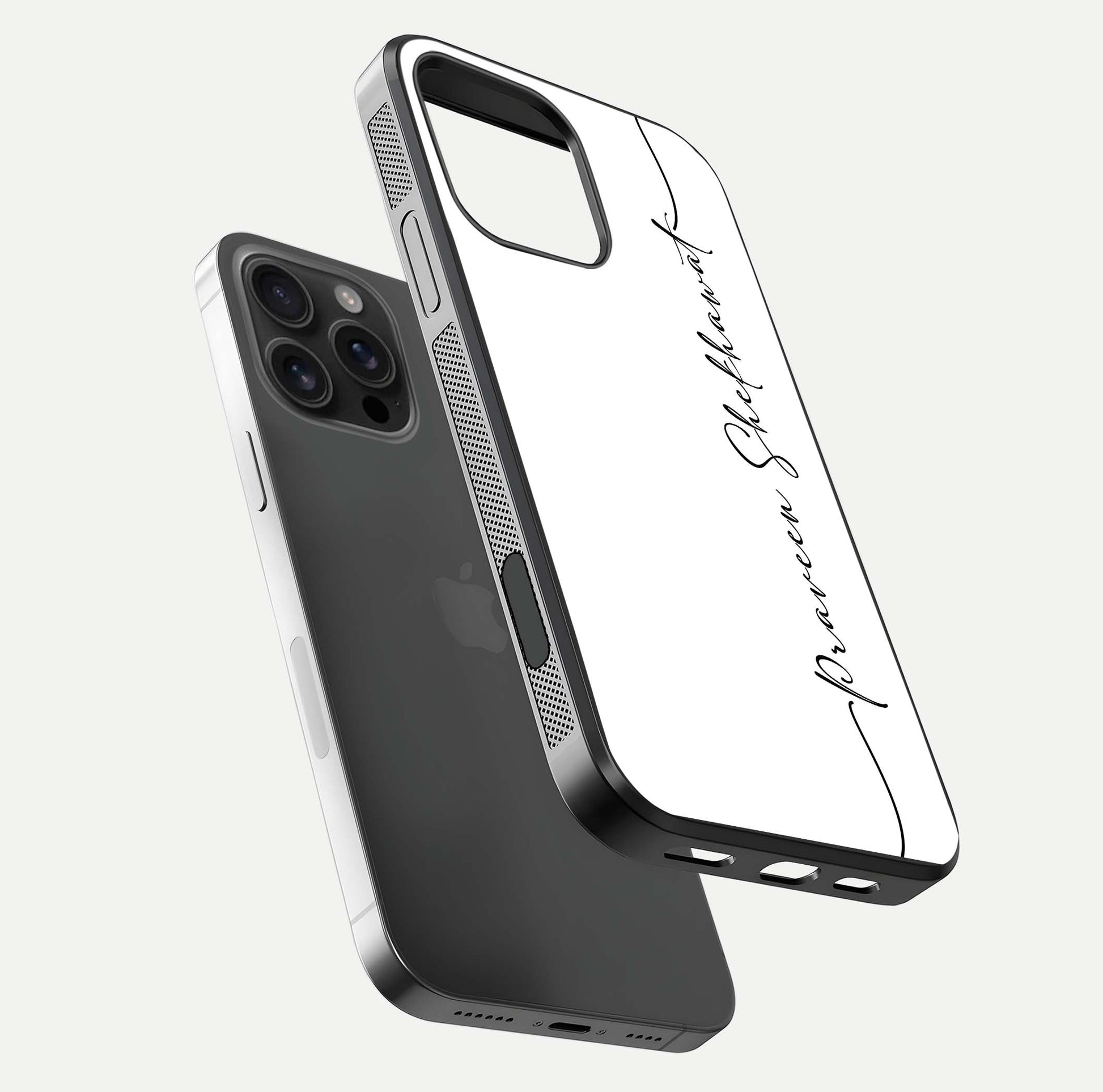 White Tune Custom Name Glass Case for iPhone 16 Pro Max floating dual-view mockup displaying gloss and HD detail