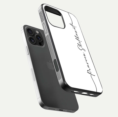 White Tune Custom Name Glass Case for iPhone 16 Pro Max floating dual-view mockup displaying gloss and HD detail