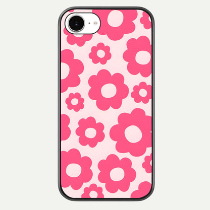 Blush Flower Pop iPhone 16e glass phone case front view featuring playful blush floral artwork with glossy finish