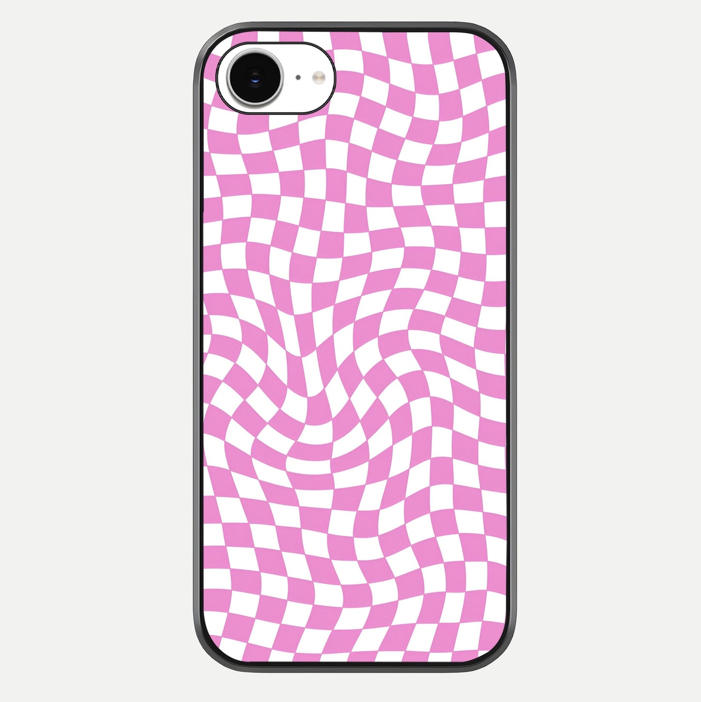 Bubblegum Check Wave iPhone 16e glass phone case front view showcasing playful bubblegum check wave pattern with glossy finish