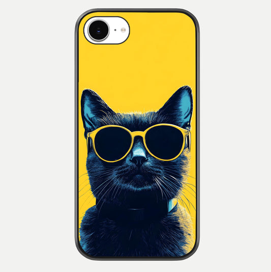 Cool Cat Vibes iPhone 16e glass phone case front view featuring playful cat illustration with cool aesthetic tones
