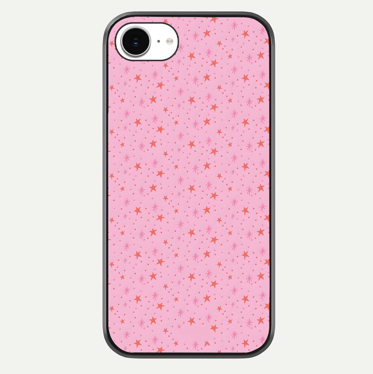 Cosmic Pink Sparkle iPhone 16e glass phone case front view showcasing shimmering pink cosmic artwork with glossy finish