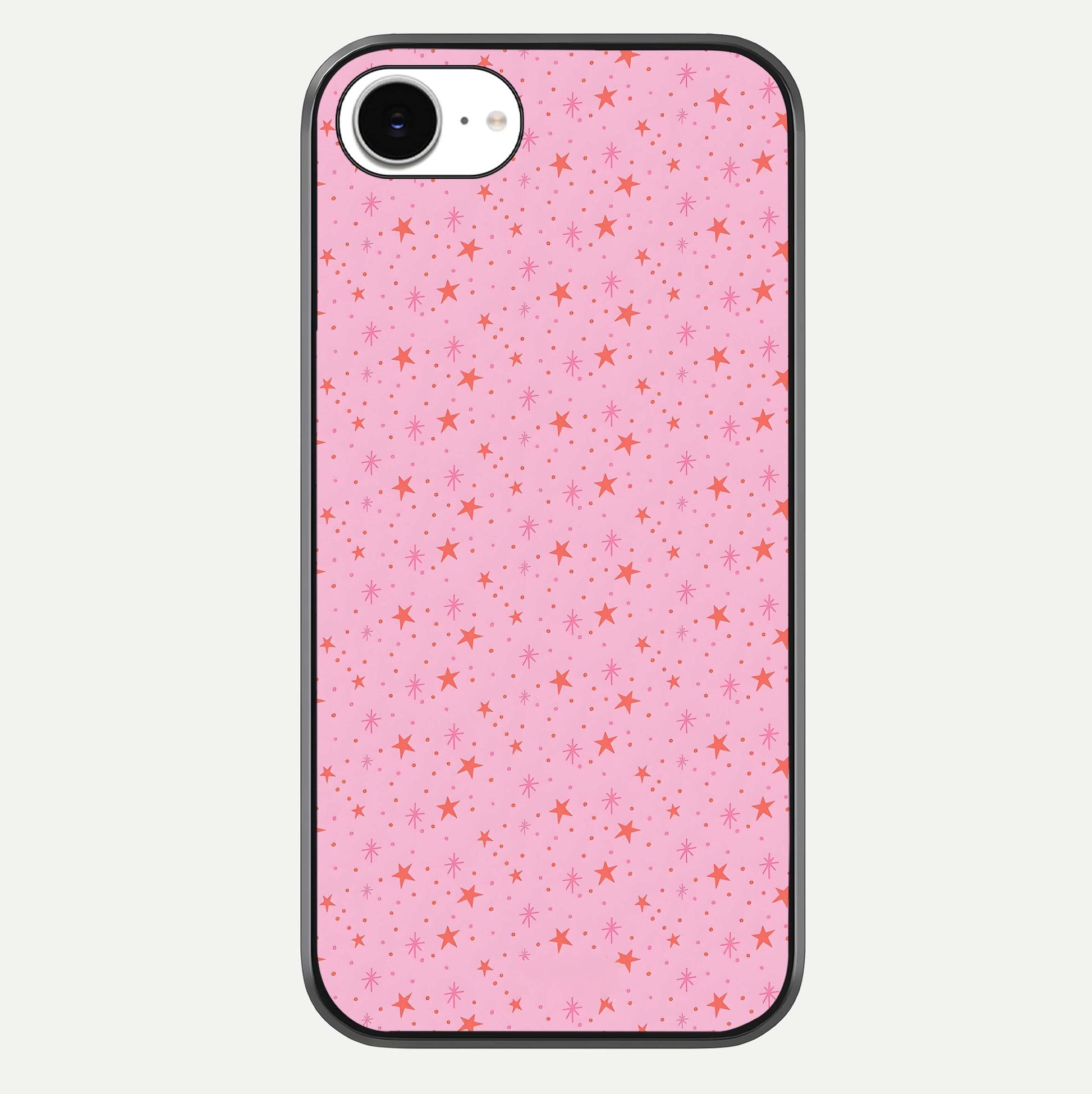 Cosmic Pink Sparkle iPhone 16e glass phone case front view showcasing shimmering pink cosmic artwork with glossy finish