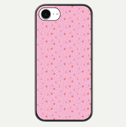 Cosmic Pink Sparkle iPhone 16e glass phone case front view showcasing shimmering pink cosmic artwork with glossy finish