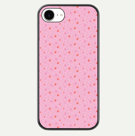 Cosmic Pink Sparkle iPhone 16e glass phone case front view showcasing shimmering pink cosmic artwork with glossy finish