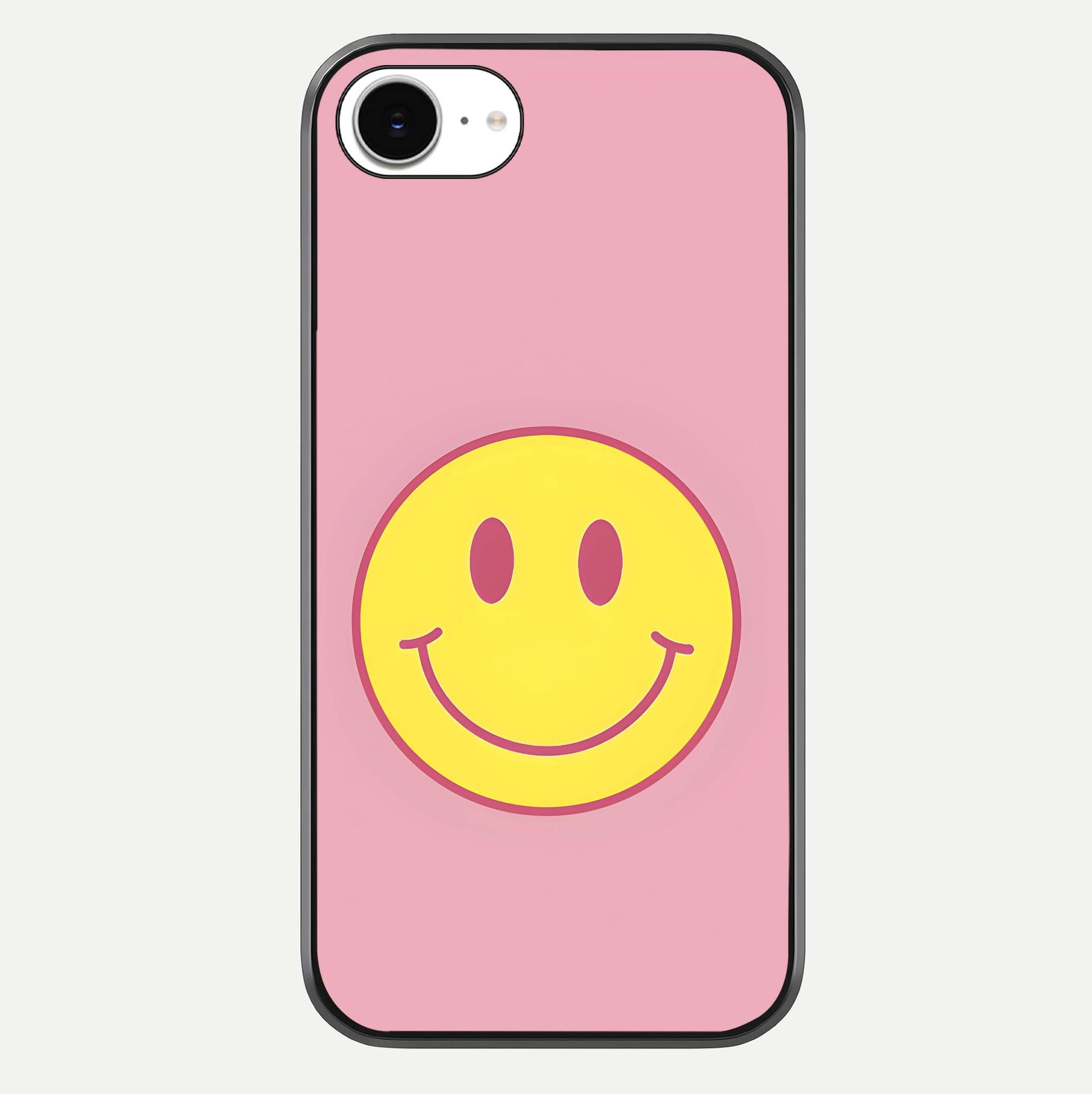 Happy Pink Mood iPhone 16e glass phone case front view featuring cheerful pink tones and playful aesthetic design