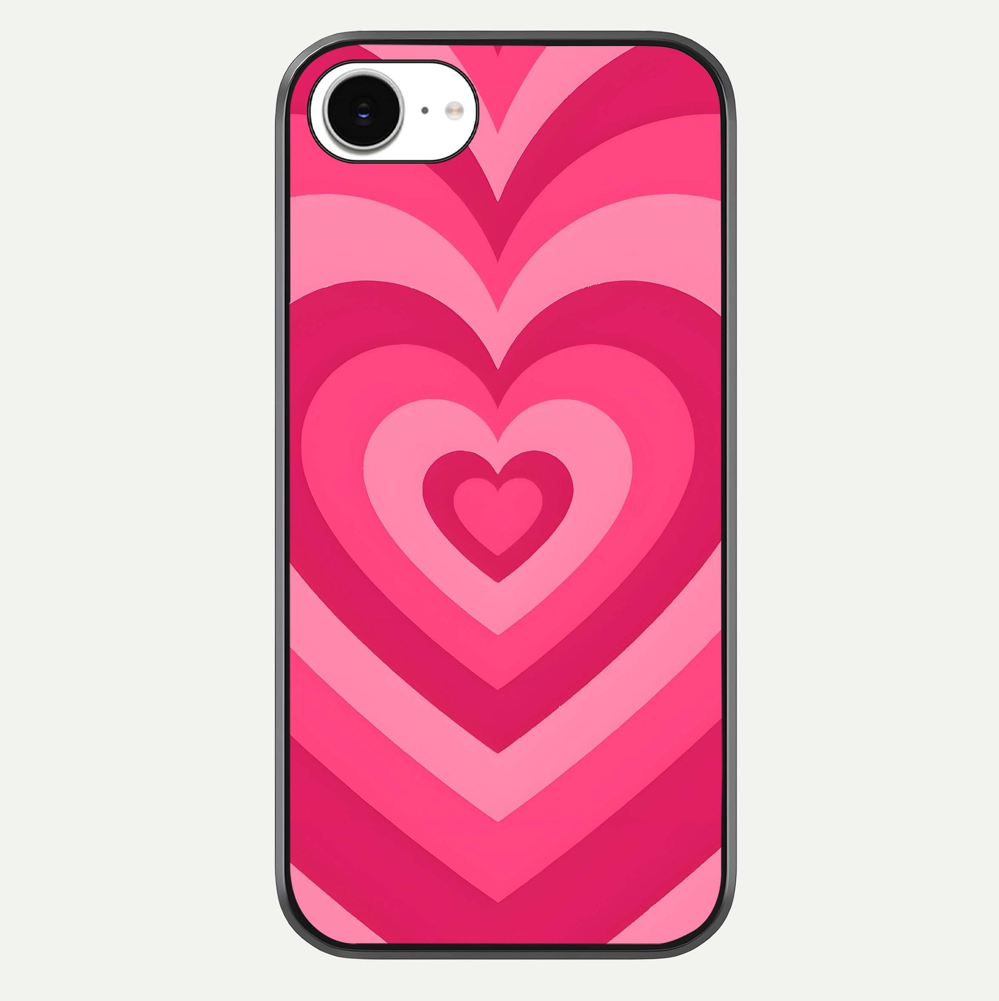 Layered Love Hearts iPhone 16e glass phone case front view showcasing layered heart patterns with romantic aesthetic