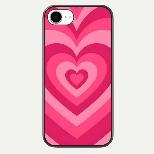 Layered Love Hearts iPhone 16e glass phone case front view showcasing layered heart patterns with romantic aesthetic
