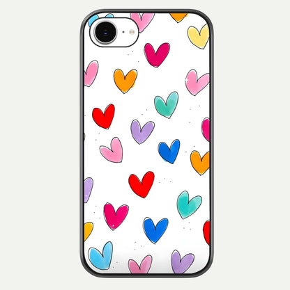 Playful Love Doodles iPhone 16e glass phone case front view featuring cute love doodle illustrations with fun vibe