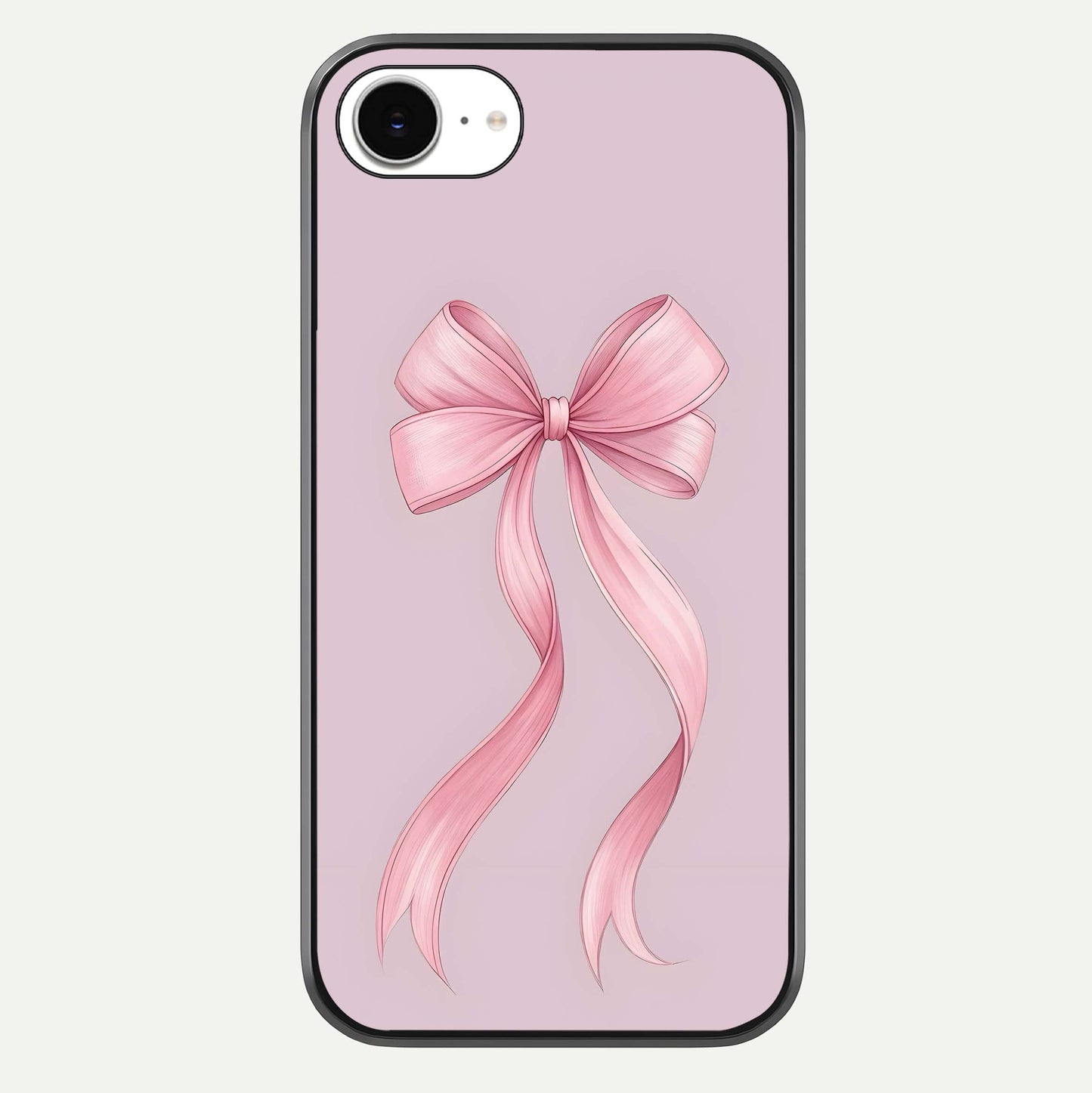 Soft Blush Bow iPhone 16e glass phone case front view showcasing soft blush tones with elegant bow design
