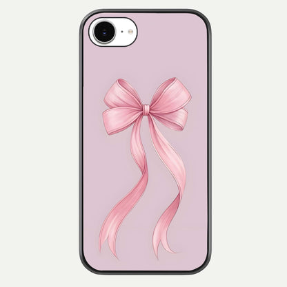 Soft Blush Bow iPhone 16e glass phone case front view showcasing soft blush tones with elegant bow design