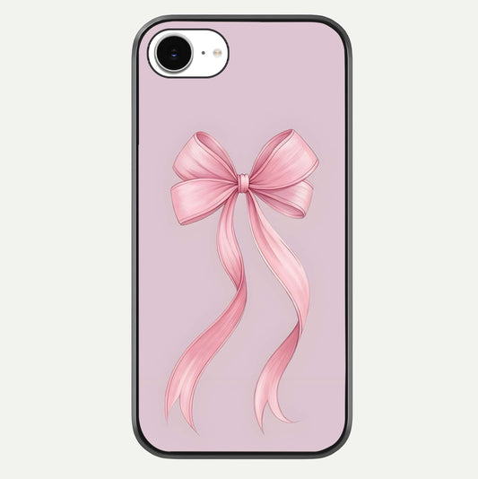 Soft Blush Bow iPhone 16e glass phone case front view showcasing soft blush tones with elegant bow design