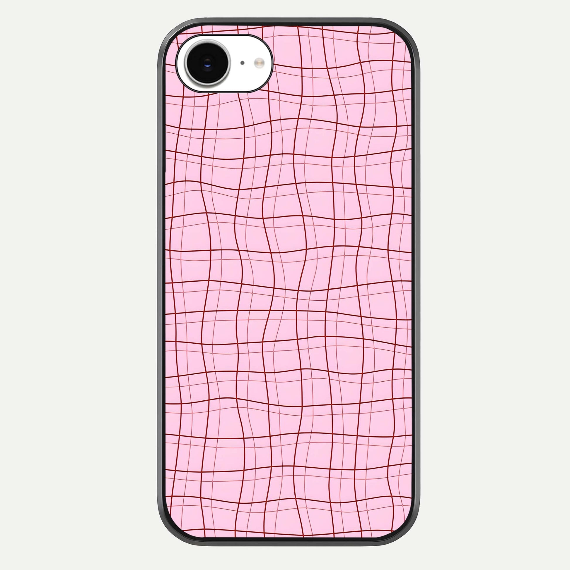 Soft Grid Bliss iPhone 16e glass phone case front view showcasing minimal grid pattern with soft aesthetic