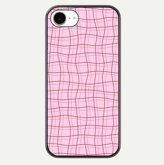 Soft Grid Bliss iPhone 16e glass phone case front view showcasing minimal grid pattern with soft aesthetic