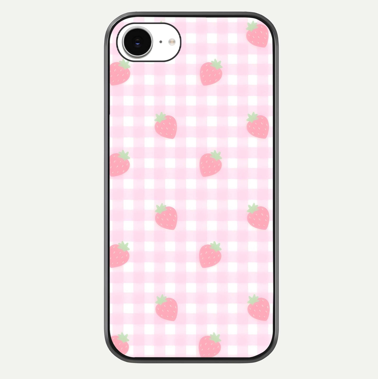 Strawberry Picnic Love iPhone 16e glass phone case front view featuring cute strawberry picnic artwork with romantic vibe
