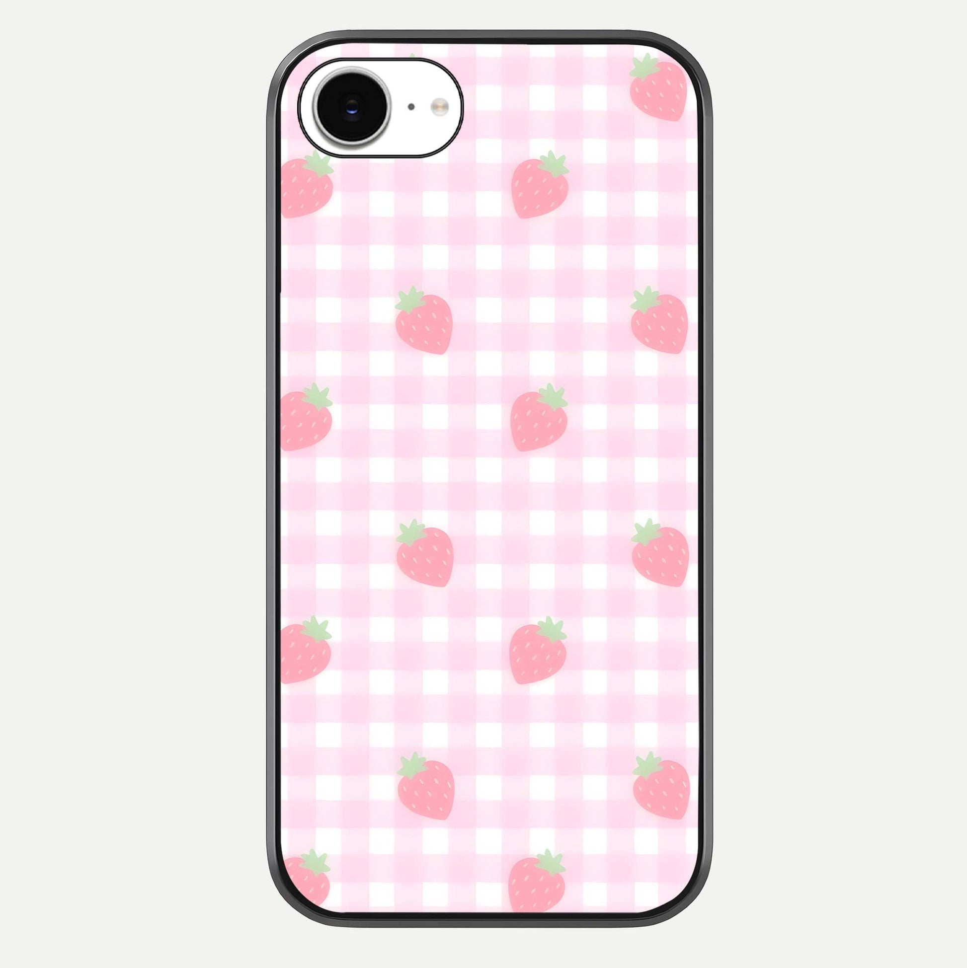 Strawberry Picnic Love iPhone 16e glass phone case front view featuring cute strawberry picnic artwork with romantic vibe