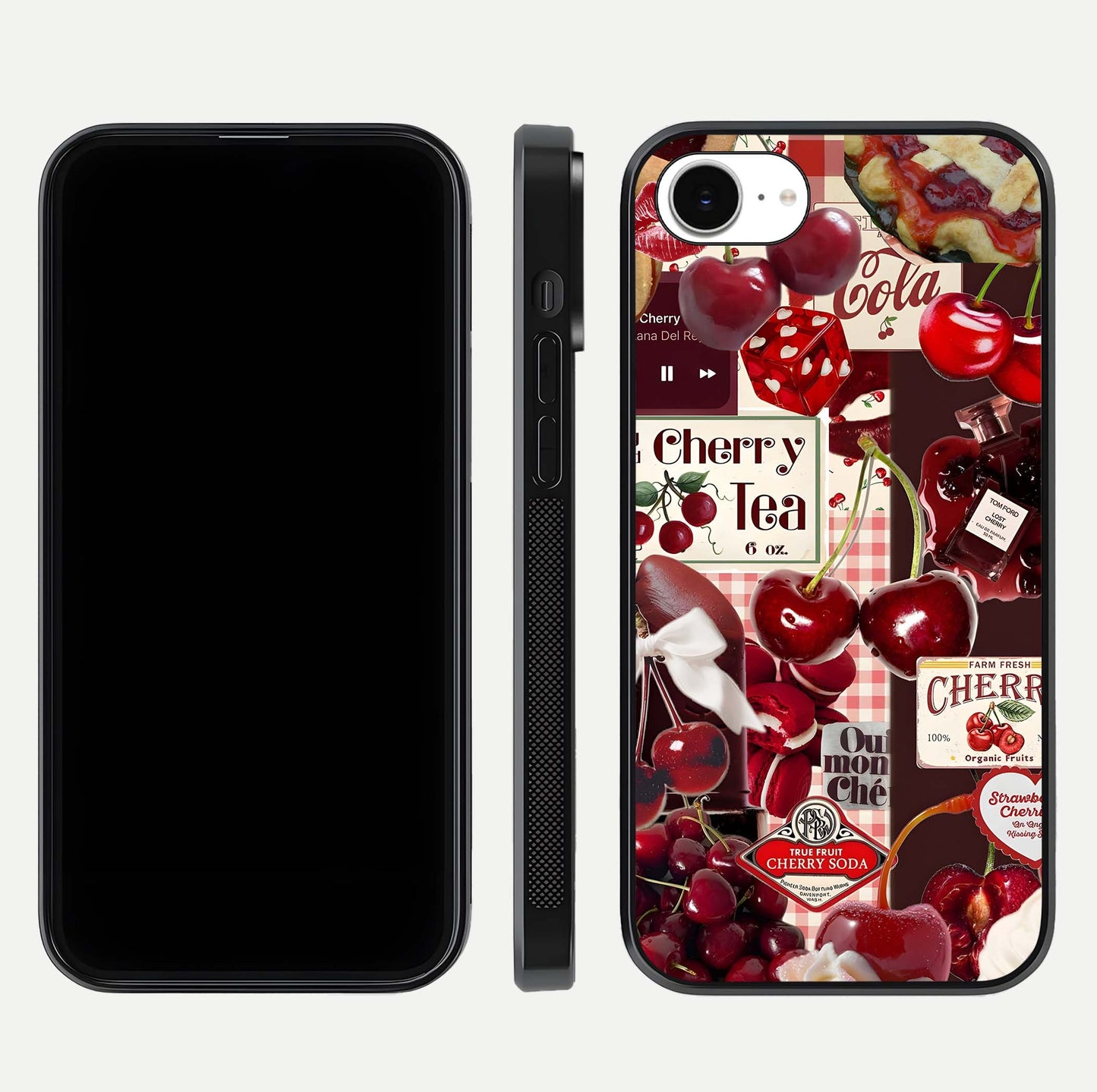 Aesthetic Cherry Tea Glass Case for iPhone 16e front and back view layout showing black front display and artistic cherry-themed glass back