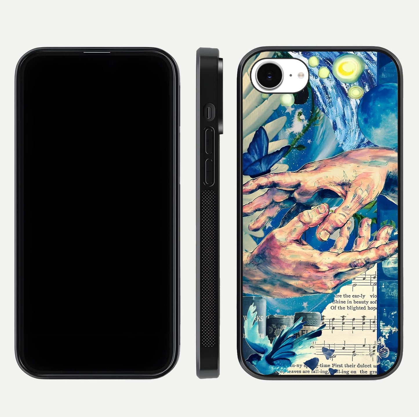 Aesthetic Divider Glass Case for iPhone 16e front and back view layout showing black front display and minimal divider glass back