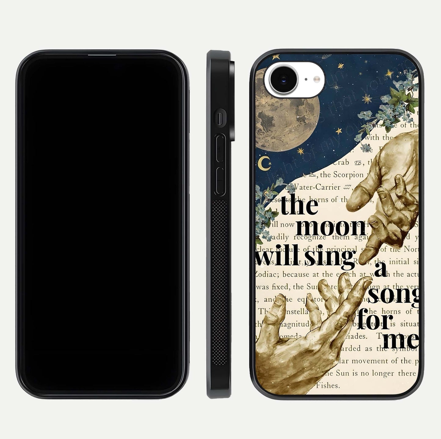 Aesthetic Divine Glass Case for iPhone 16e front and back view layout showing black front display and divine art glass back