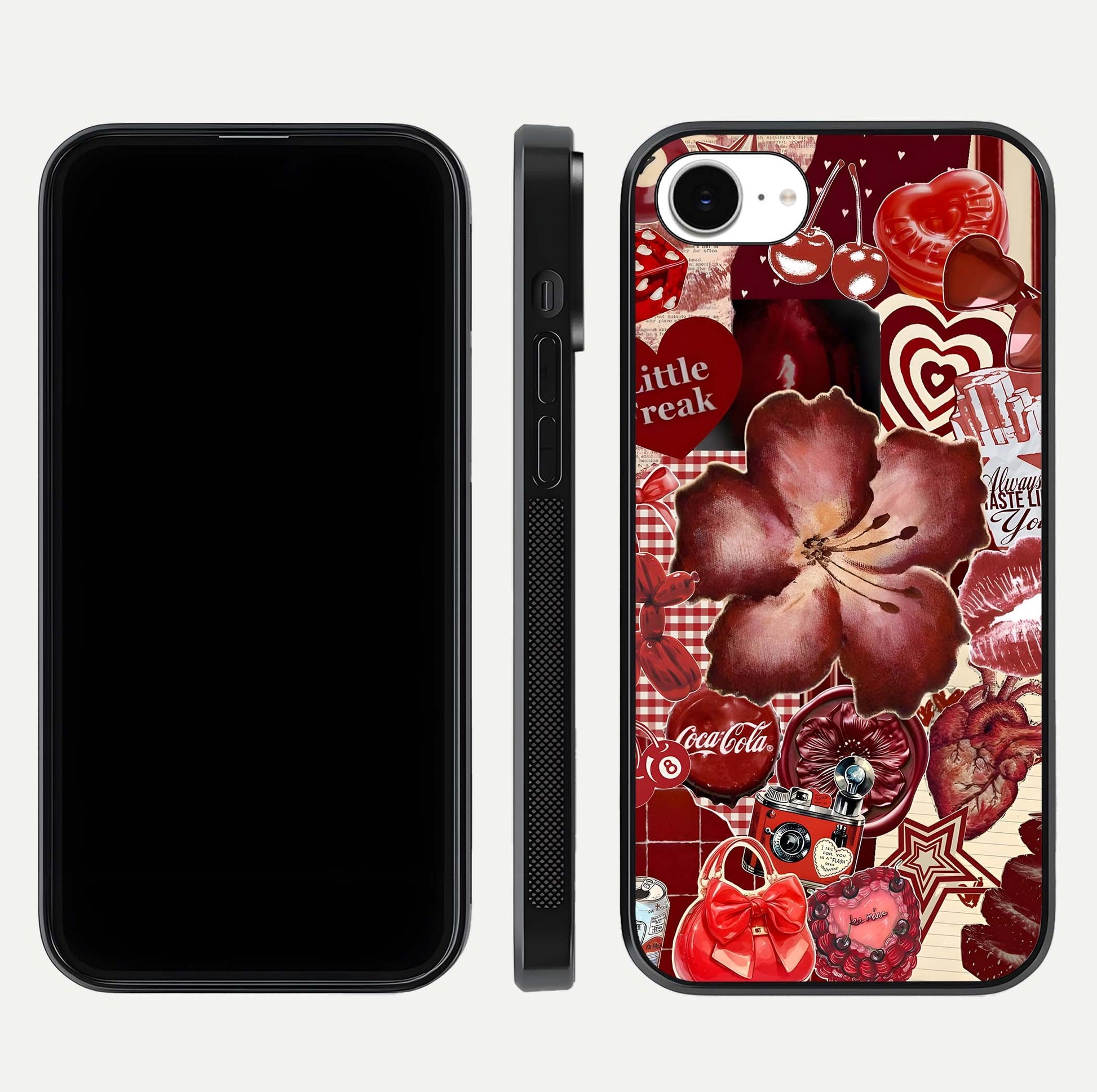 Aesthetic Little Freak Glass Case for iPhone 16e front and back view layout showing black front display and trendy collage glass back