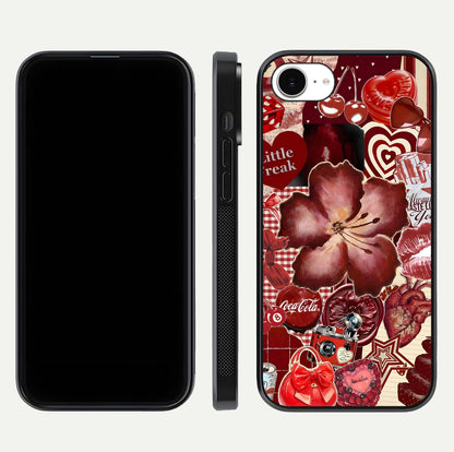 Aesthetic Little Freak Glass Case for iPhone 16e front and back view layout showing black front display and trendy collage glass back
