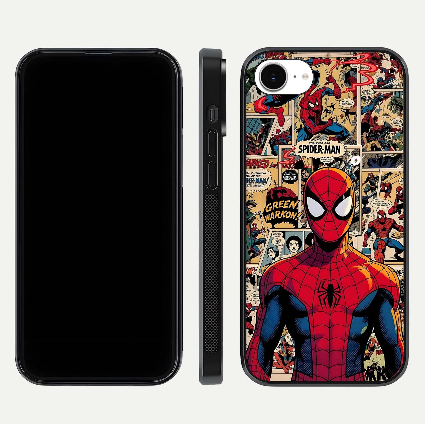 Aesthetic Spider Man Glass Case for iPhone 16e front and back view layout showing black front display and Spider-Man art glass back