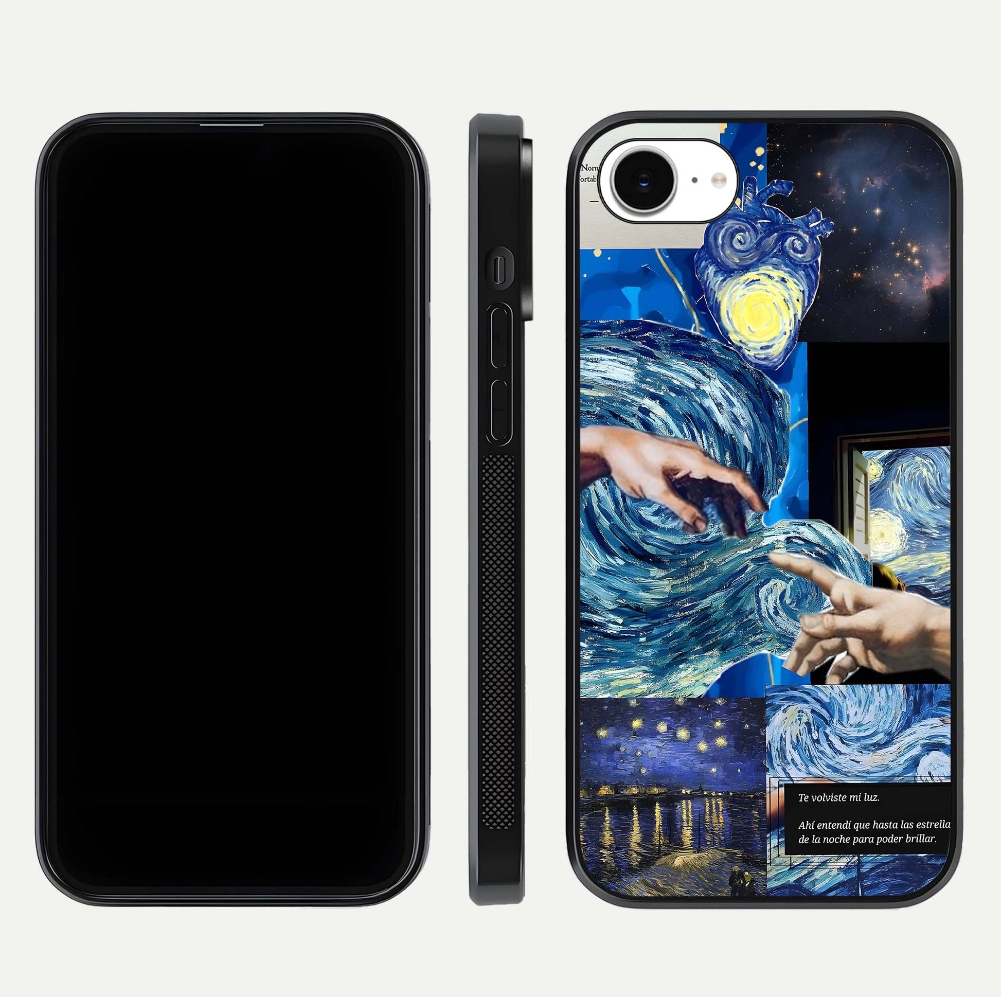 Aesthetic Vando Hands Glass Case for iPhone 16e front and back layout highlighting camera cutout and premium glass shine