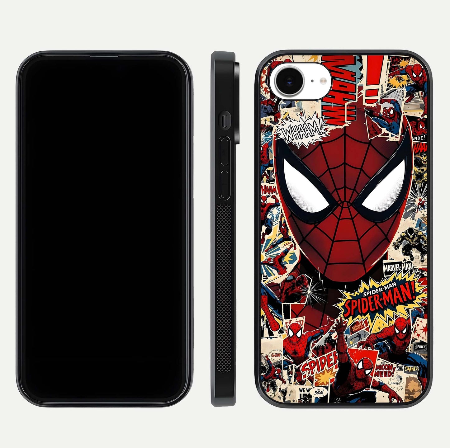 Aesthetic Wonder Spider Glass Case for iPhone 16e dual-view layout showing premium glass shine and strong edge design