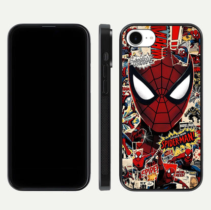 Aesthetic Wonder Spider Glass Case for iPhone 16e dual-view layout showing premium glass shine and strong edge design