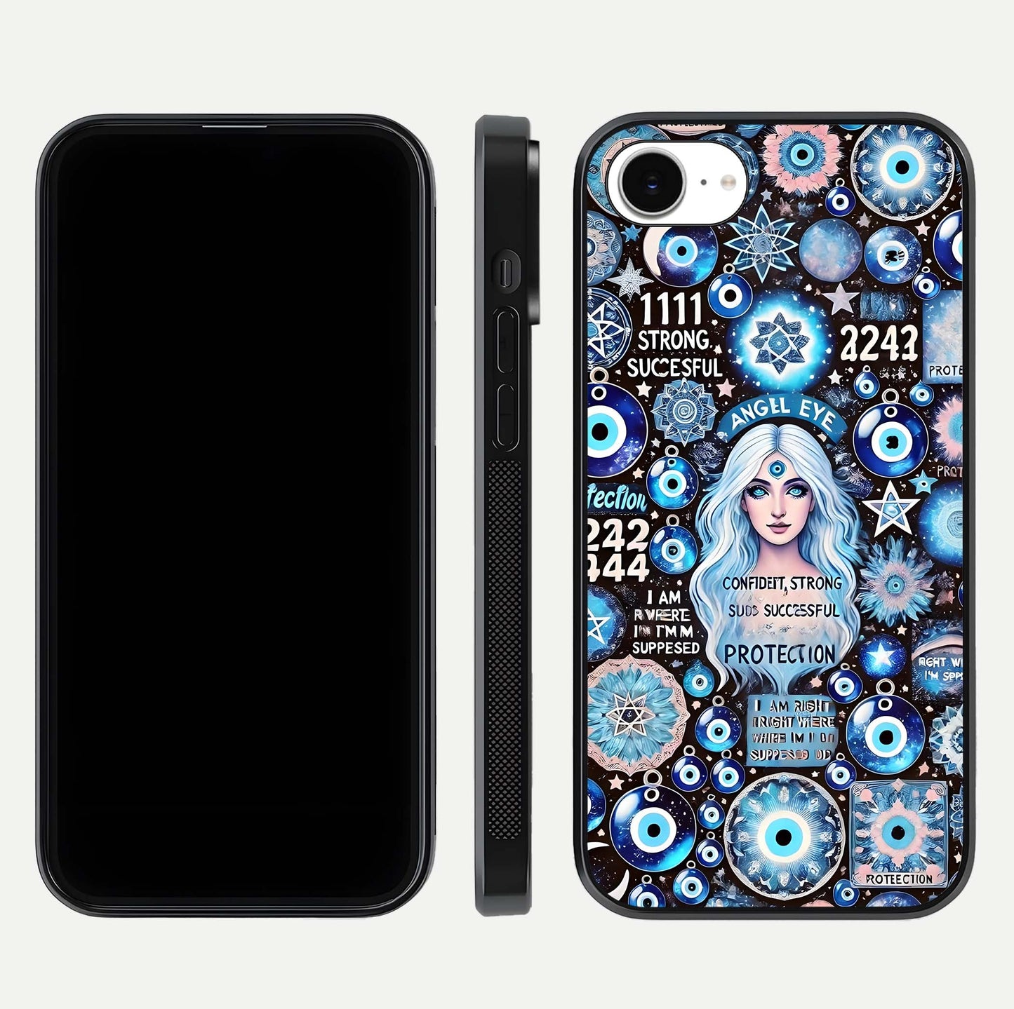 Angel Aura Shield Glass Case for iPhone 16e front and back display highlighting glass clarity and spiritual design