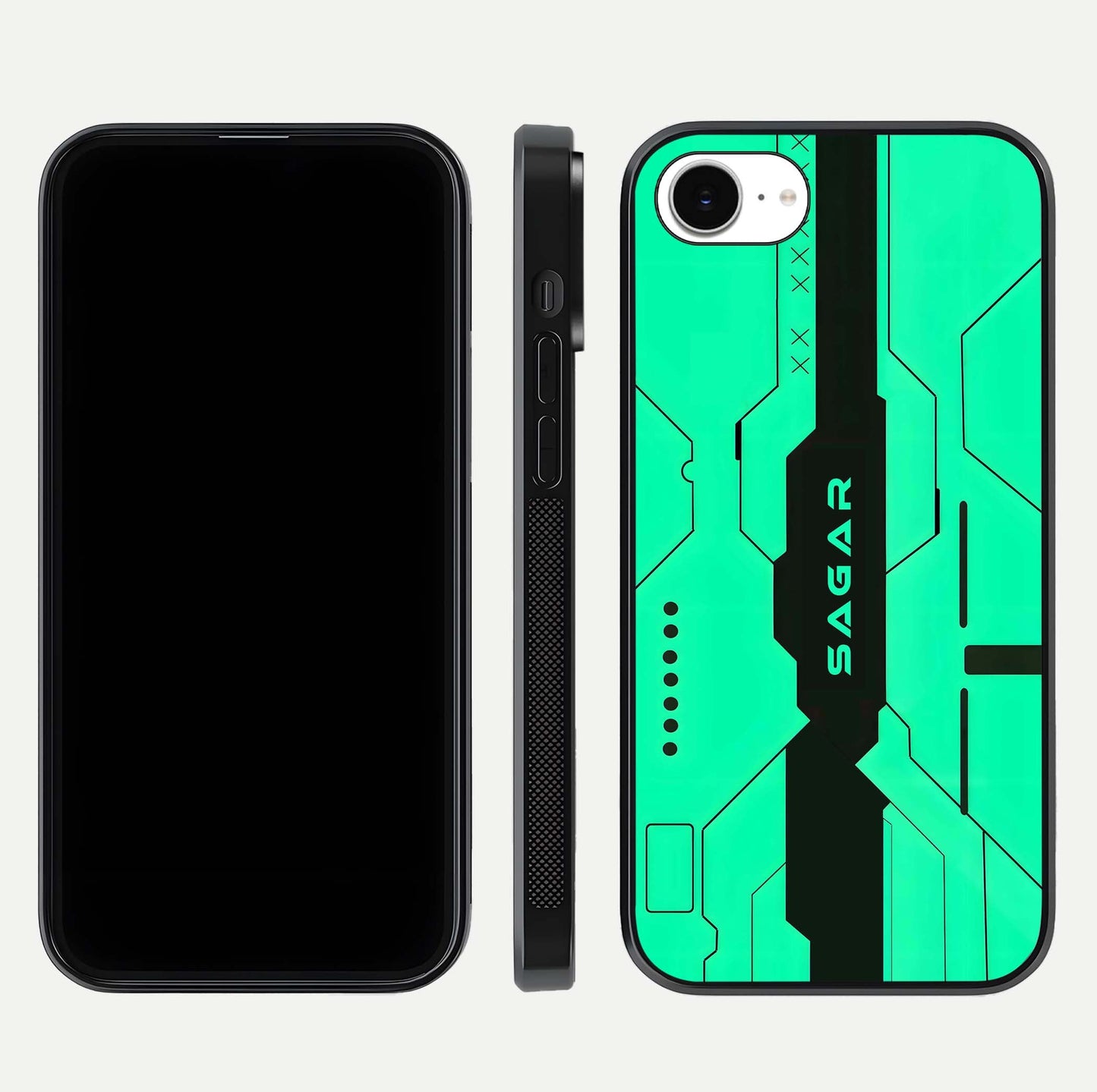 Aqua Tech CYBERPUNK Custom Name Glass Case for iPhone 16e front and back display showing sleek tech pattern and shine