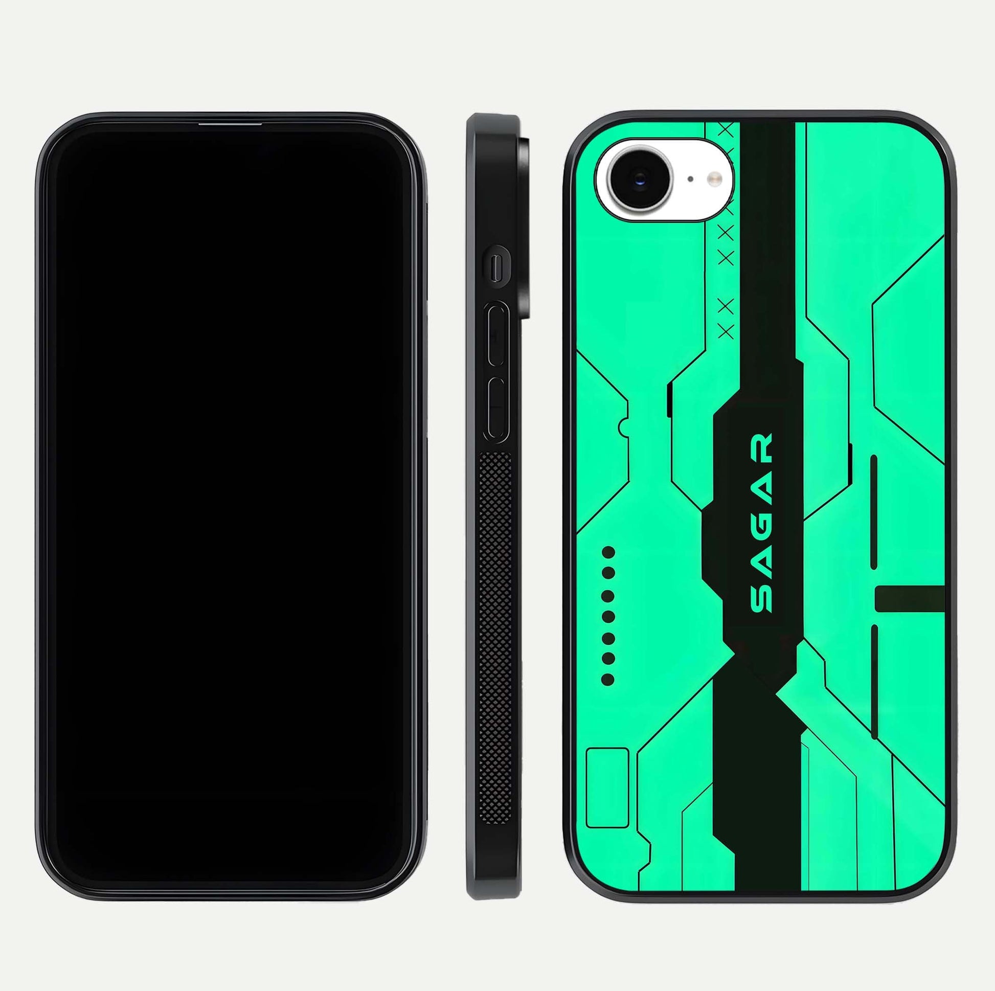 Aqua Tech CYBERPUNK Custom Name Glass Case for iPhone 16e front and back display showing sleek tech pattern and shine