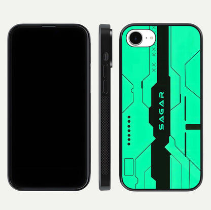 Aqua Tech CYBERPUNK Custom Name Glass Case for iPhone 16e front and back display showing sleek tech pattern and shine