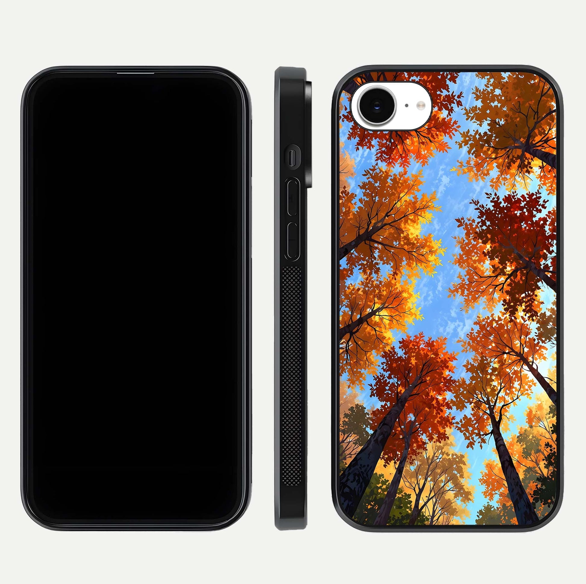 Autumn Sky Rise Glass Case for iPhone 16e front and back layout showing sky print and edge smoothness