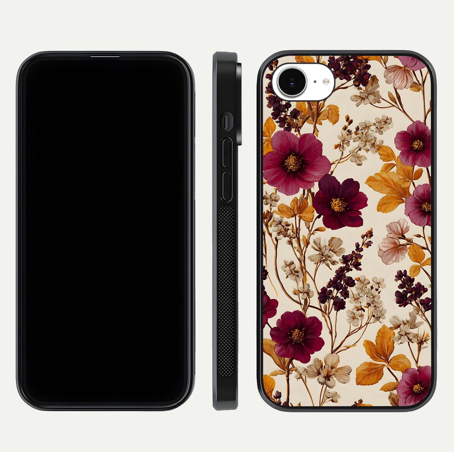 Autumn Wine Bloom Glass Case for iPhone 16e front and back layout showing autumn print and HD glass clarity