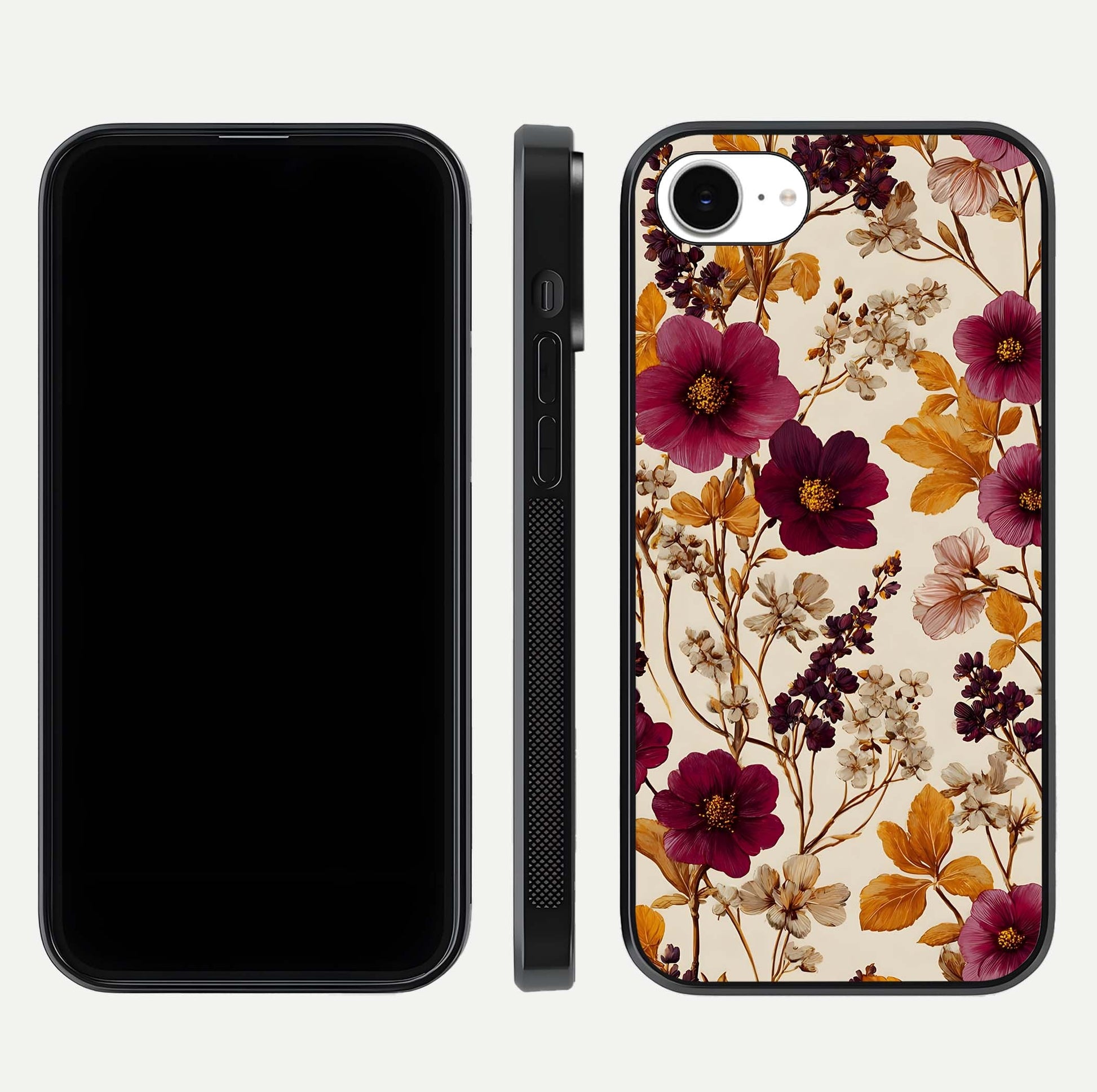 Autumn Wine Bloom Glass Case for iPhone 16e front and back layout showing autumn print and HD glass clarity