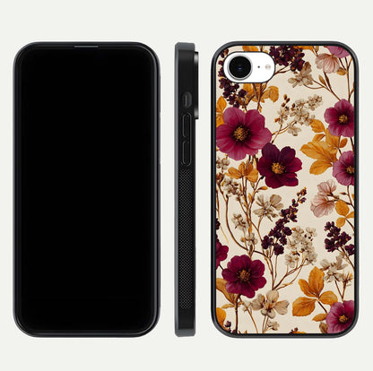 Autumn Wine Bloom Glass Case for iPhone 16e front and back layout showing autumn print and HD glass clarity