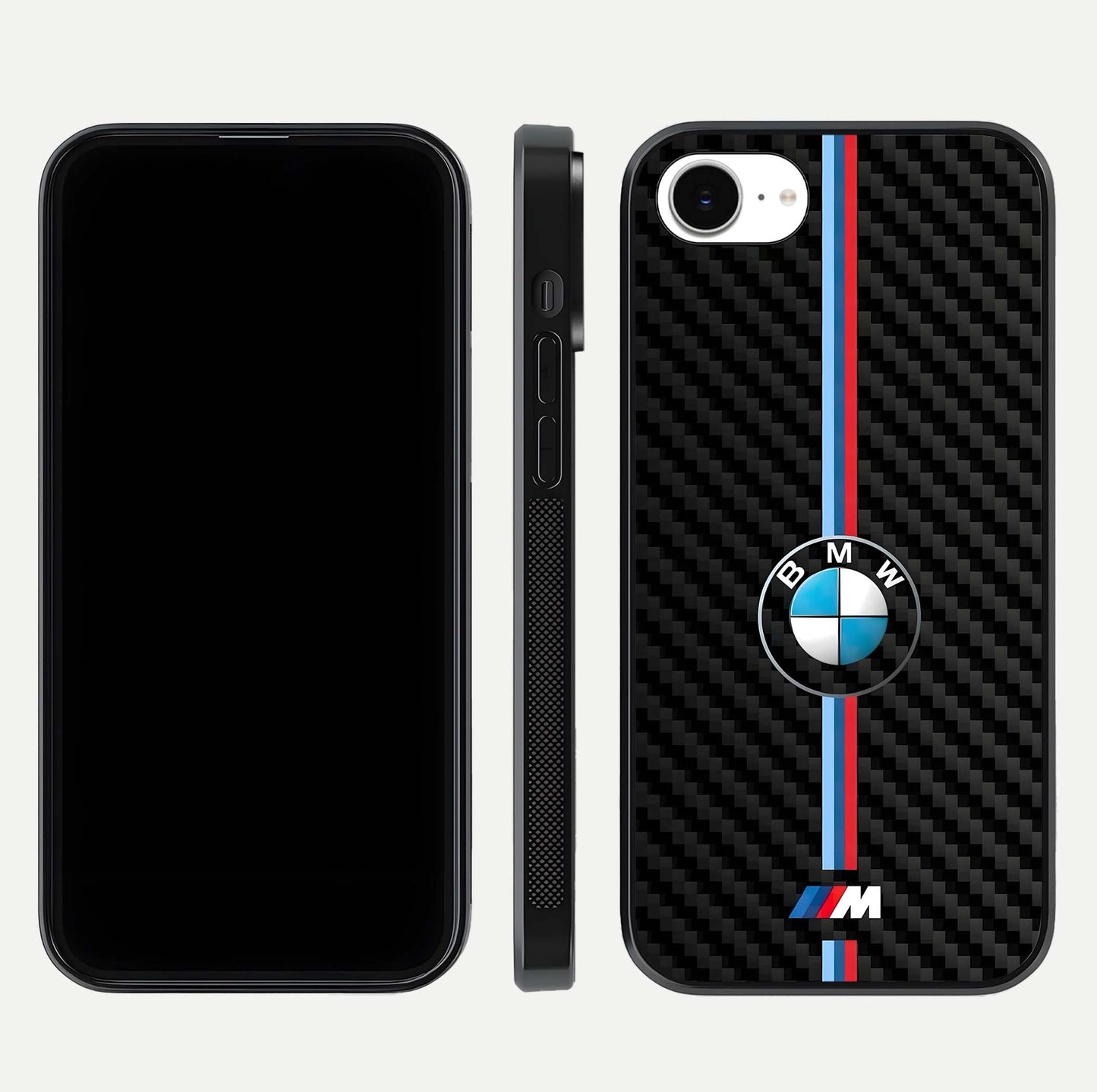 BMW Pattern Glass Case for iPhone 16e front-and-back layout displaying car-themed art and premium glass gloss