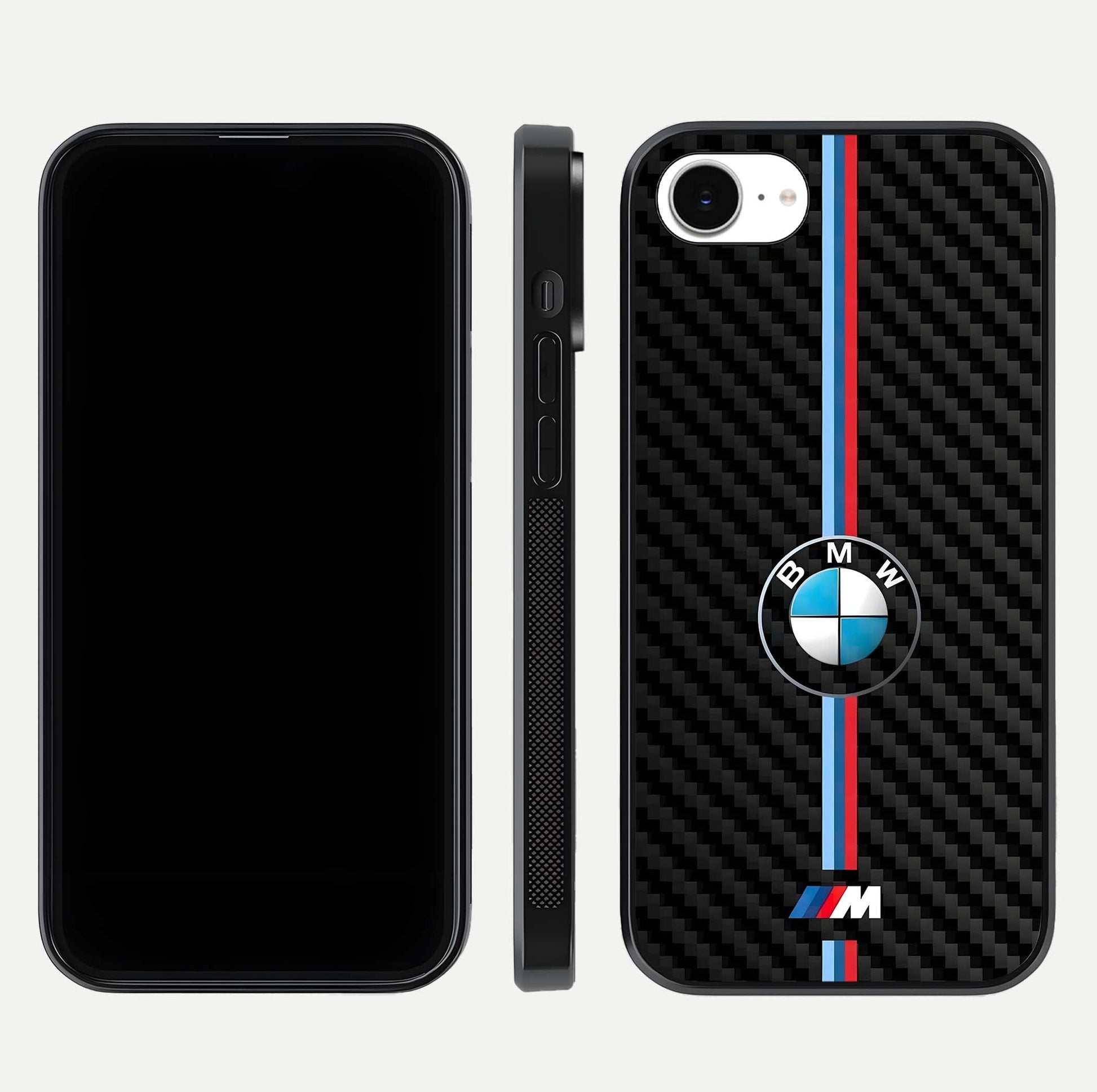 BMW Pattern Glass Case for iPhone 16e front-and-back layout displaying car-themed art and premium glass gloss